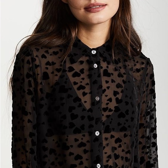 Equipment Femme Black Silk Blend Velvet Heart Sheer Button Up Shirt - Small - Picture 3 of 8